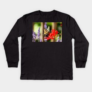 Swallowtail butterfly on crocosmia Kids Long Sleeve T-Shirt